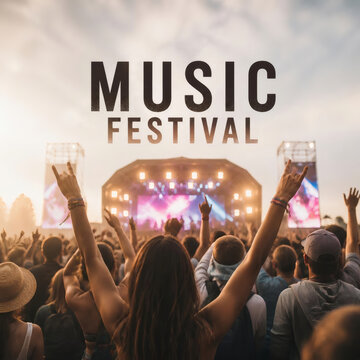 crowd at a vibrant outdoor music festival with hands raised colorful stage lights and music festival text overlay perfect for event promotion summer concert and live performance s