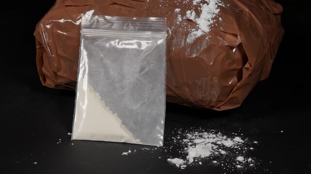Concept of Drug brick package cut with knife for sample. Educational concept of Criminal gang sale exchange of illegal substances. Package wrapped in brown duct tape and filled with powder.
