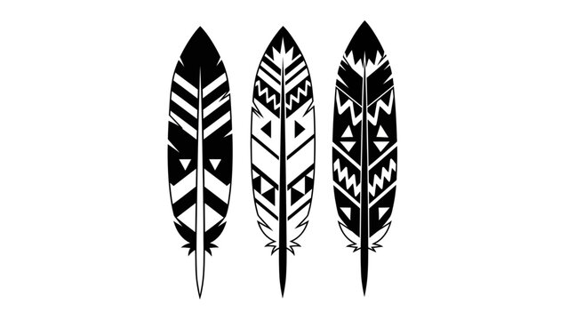 Set of Three Decorative Tribal Feathers with Geometric Patterns