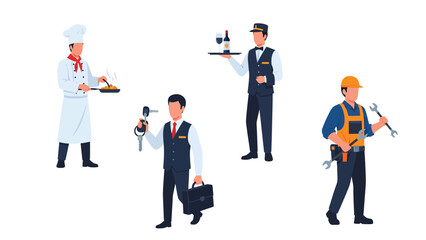 Obraz premium Diverse group of professionals including a chef, waiter, businessman, and construction worker, representing various careers and industries.