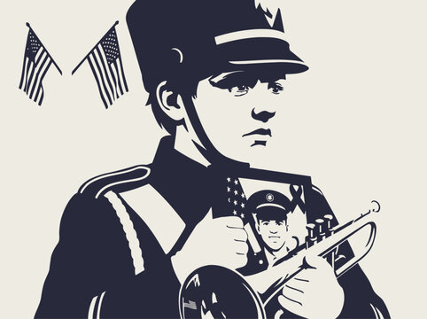 Musician in a marching band uniform holds a photograph and a trumpet to pay tribute to a fallen comrade.