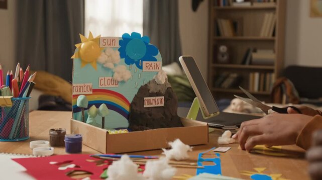 Close-up of hands of unrecognizable child cutting color paper with scissors at desk at home, while working on creative school science project on nature, climate, weather and atmosphere
