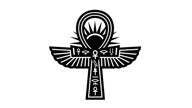 Ancient Egyptian Ankh Symbol with Wings and Hieroglyphs