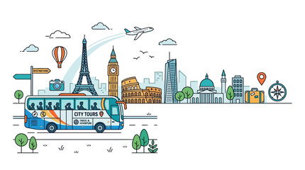 Illustration of a tour bus traveling past world famous landmark buildings. © Bayu prakoso