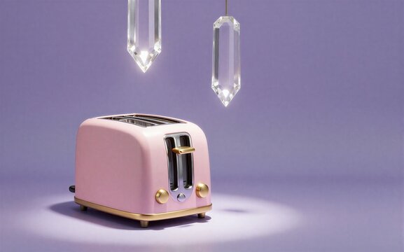 Pink toaster with gold accents under crystal chandeliers on purple