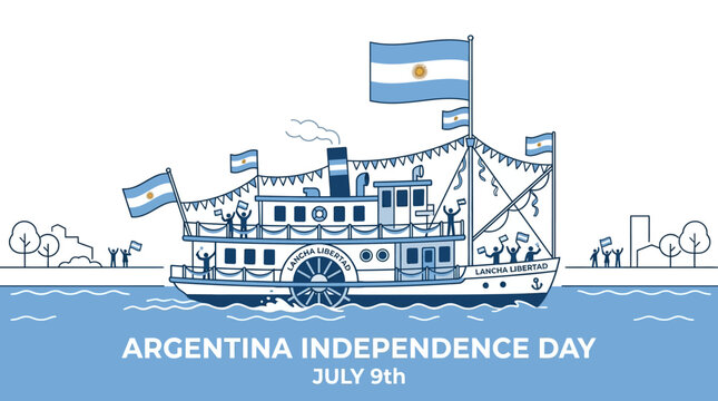 Illustration of a river steamboat decorated with Argentinian flags for Independence Day celebration.