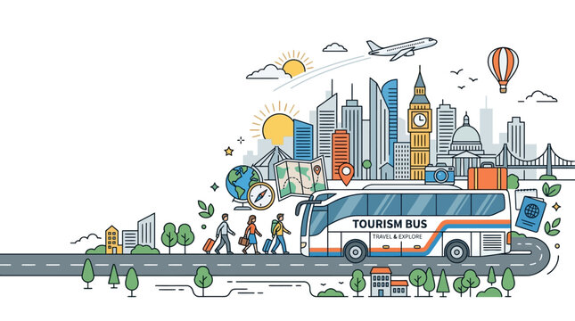 Illustration of a tourist bus traveling on a road with landmarks and travelers.
