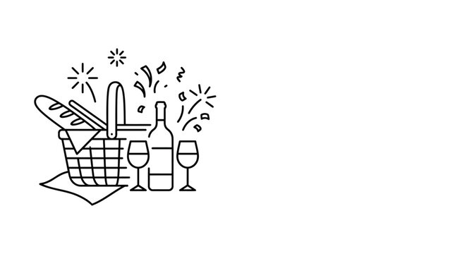 Line art illustration of a festive picnic basket with wine and bread.