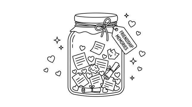Line art illustration of a glass jar filled with friendship memories and notes.