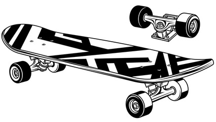 Black and White Skateboard Illustration with Separate Truck © kiki__