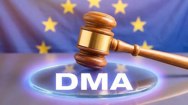 A gavel rests on a glowing DMA sign in front of the European flag, symbolizing a legal action or event.