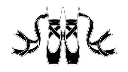 Black and White Illustration of Ballet Pointe Shoes with Flowing Ribbons © kiki__