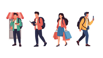 Obraz premium Diverse group of people engaged in various activities like shopping, eating, and commuting with backpacks.
