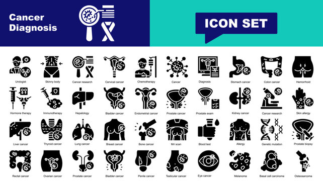 Cancer Diagnosis icon set. Vector icons for Urologist, Skinny, Cancer, Cervical, Chemotherapy,  Diagnosis, Stomach, Colon, Hemorrhoid, Hormone therapy, Immunotherapy