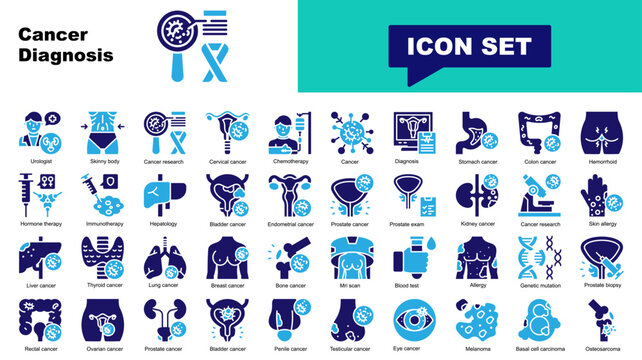 Cancer Diagnosis icon set. Vector icons for Urologist, Skinny, Cancer, Cervical, Chemotherapy,  Diagnosis, Stomach, Colon, Hemorrhoid, Hormone therapy, Immunotherapy
