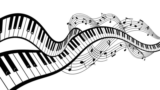 Abstract Musical Background with Wavy Piano Keys and Floating Music Notes