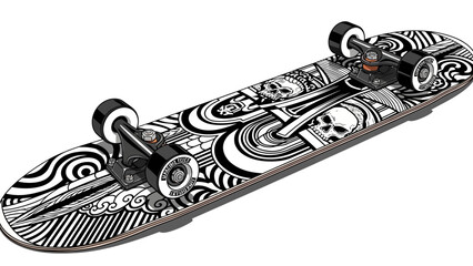 Skateboard with Black and White Abstract Pattern and Skull Design © kiki__
