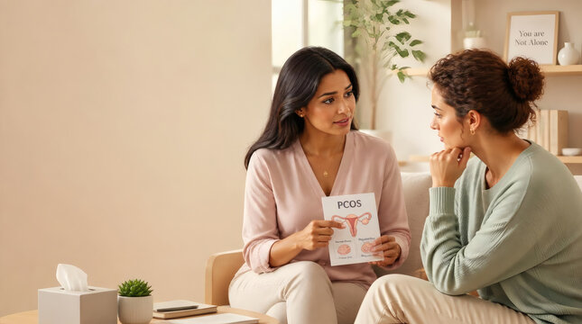 3d render empathetic pcos support discussion diverse women serene clinic setting pastel wardrobe soft natural light shallow depth of field medical diagram ovaries illustration high resolution