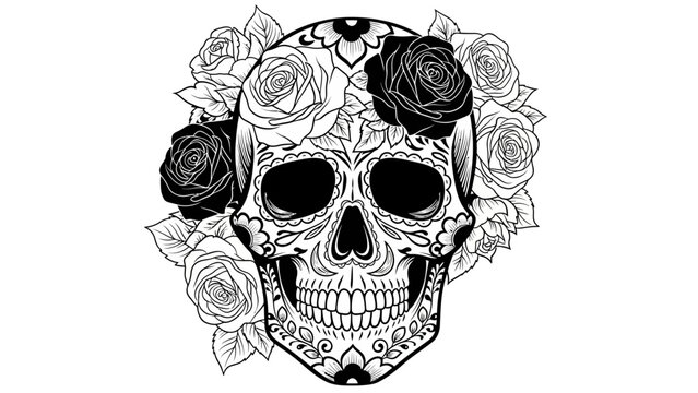 Sugar Skull with Roses Floral Illustration