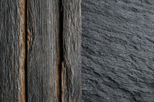 Rustic textured shot. Dark wood planks meet rough, wavy gray stone backdrop
