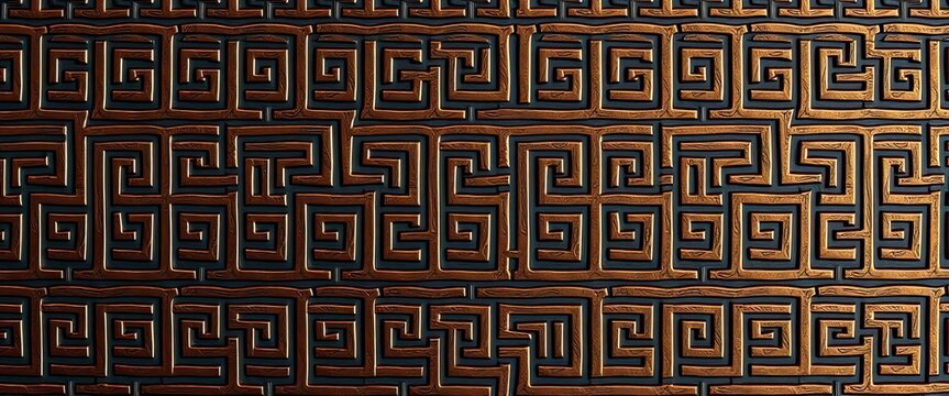 Intricate, flowing Greek key pattern, seamlessly repeating in a rich, dark bronze metallic finish,  abstract,  metallic