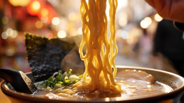 Delicious Japanese Ramen Noodle Soup Being Lifted with Chopsticks in a Warm Sunset Outdoor Setting