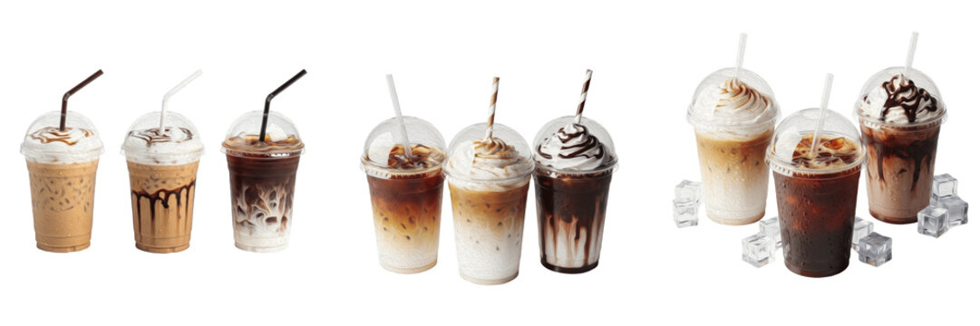 Refreshing Frappe and Latte Glasses Isolated on Transparent Background for Cafe Menu Design