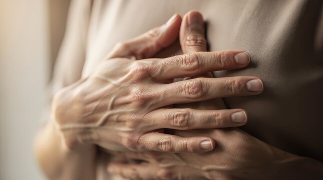 Two hands gently embracing a bare chest, symbolizing intimacy and connection between individuals.