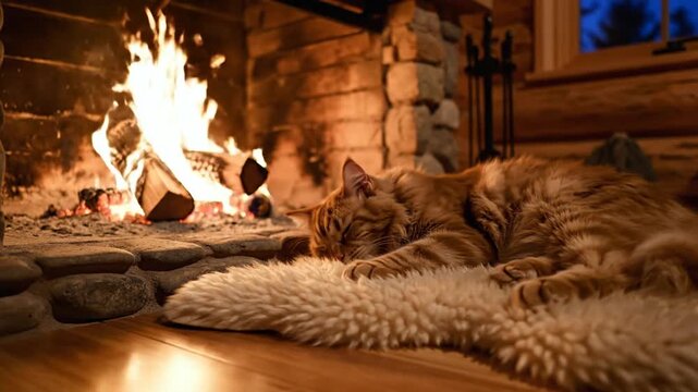 Cozy Ginger Cat Sleeping by Roaring Stone Fireplace in Log Cabin