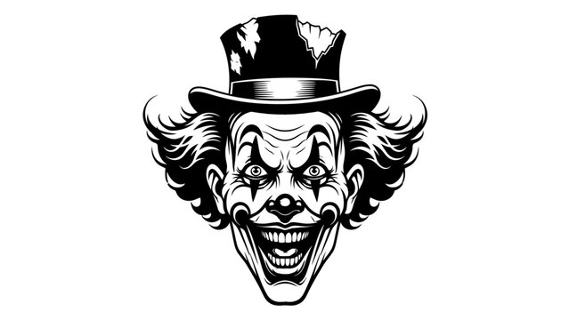 Scary Clown Face with Top Hat, Horror, Halloween, Evil Grin, Black and White
