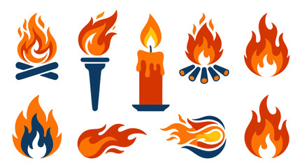 Collection of diverse fire flame icons including burning logs a flaming torch and a glowing candle in flat vector style © Ibnu Gazali