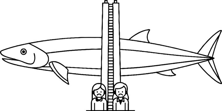 Large fish being measured on scale with sad cartoon characters
