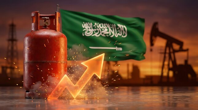 Saudi Arabian oil gas cylinder with flag and pumpjack at sunset with rising graph
