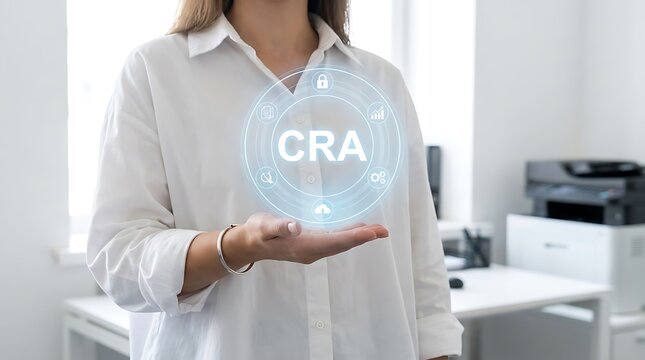 Businesswoman presenting CRA data hologram in modern office environment with desk