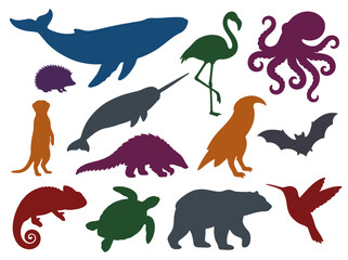 An artistic collection of animal silhouettes showcasing diversity, including a whale, octopus, and flamingo among various other creatures representing nature and wildlife. © nan sun