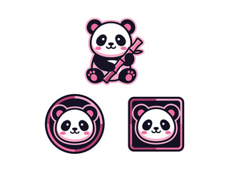 An appealing collection of panda designs showcasing a playful panda with a stick and various panda icons, perfect for animal lovers and cute merchandise. © nan sun