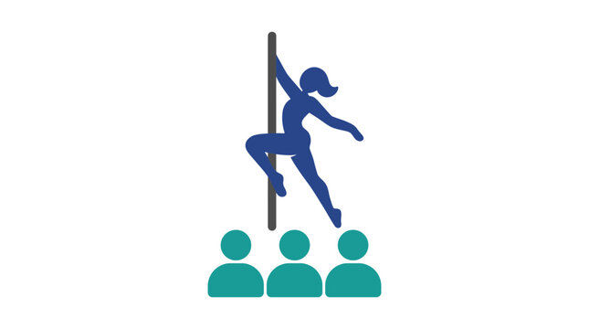This striking graphic captures an energetic pole dancer mid-performance, embodying strength, grace, and athleticism, with an engaged audience cheering in admiration.