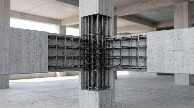 A construction site with a concrete pillar and rebar on display in an industrial area.