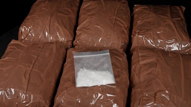 Brown packages filled with drugs and wrapped in duct tape to avoid k9 dog detection at the border. Educational concept of drugs in powder for pill pressing and distribution. 