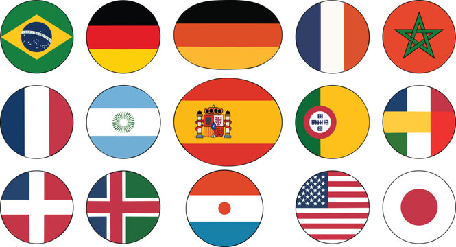 Circular flag icons are presented as a collection of international symbols for use in global communication and mapping software.