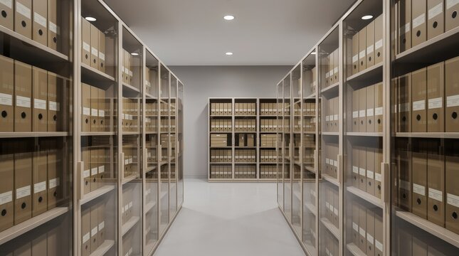A modern archive room filled with glass cabinets and shelves neatly organized with brown file boxes and folders.