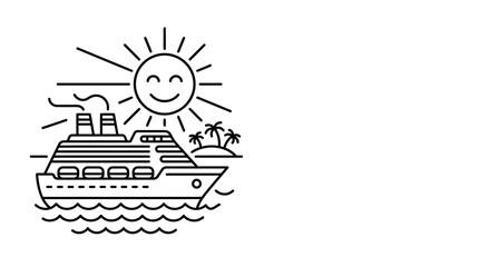 Obraz premium Minimalist line art illustration of a cruise ship with a happy sun.