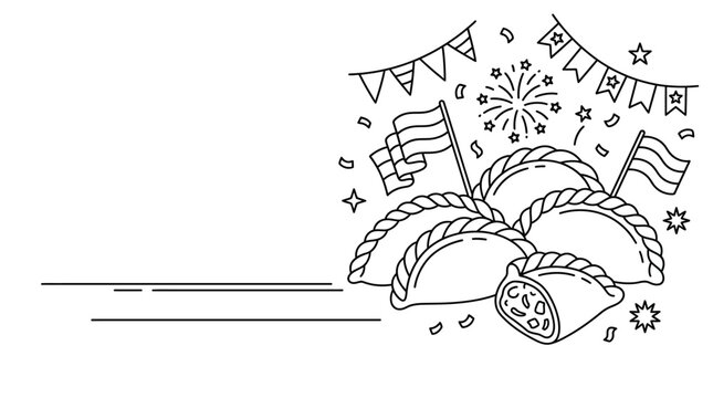 Line art illustration of traditional empanadas for Chilean Independence Day celebration.