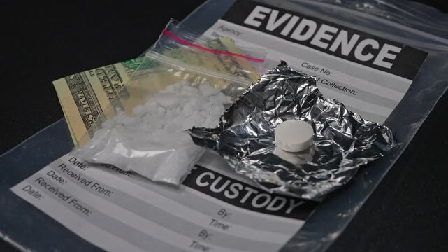 Fentanyl packet as evidence record. Drug bust for trafficking and sale in the community concept. Educational concept of Opioids and meth smuggling operation seizure. Contraband and criminal activity.