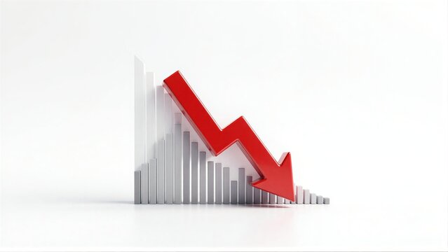 Red arrow points down over gray bars symbolizing decline or decrease.