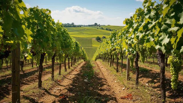 A serene vineyard on a sunny day with lush green grapevines and rolling hills in the background