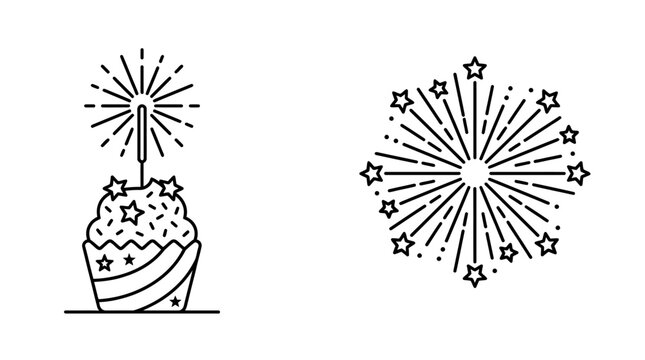 Minimalist line art illustration of a birthday cupcake with a sparkler and a firework burst.