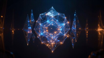 Fototapeta premium Futuristic geometric structure glowing with blue and orange lights