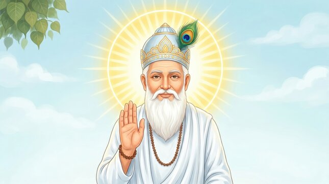 Portrait of saint kabir das with peacock feather crown and radiant halo against a soft blue sky sant kabirdas