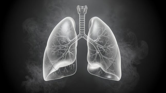 Transparent human lungs illustration with visible bronchial tree and trachea against a smoky dark background.